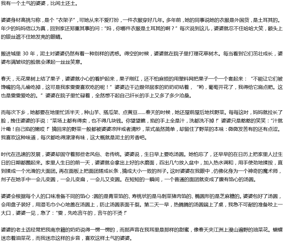 2020年中考滿(mǎn)分作文參考范文：土氣的婆婆